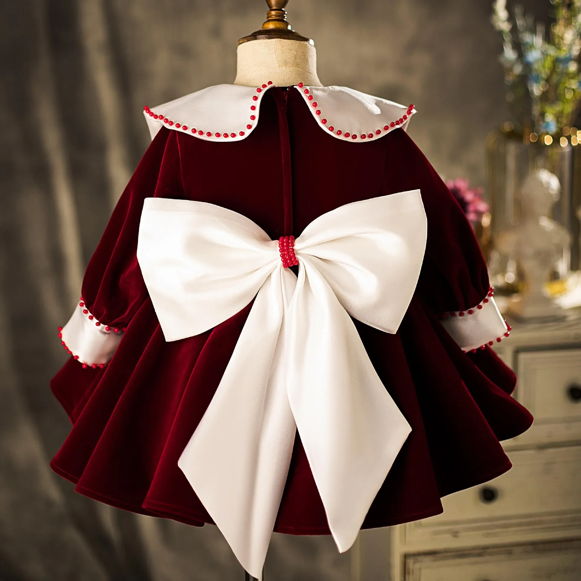 2024 Wine Red Flower Girl Dress for Wedding Long Sleeve Baby Girls Christmas Clothing Kid's 1st Year Birthday Party Infant Gown