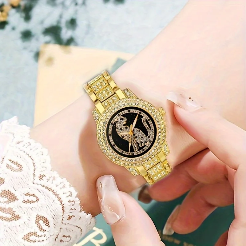 5pcs/set Women\'s Watch Cheetah Leopard Quartz Watch Luxury Rhinestone Analog Wrist Watch & Jewelry Set, Gift For Mom Her