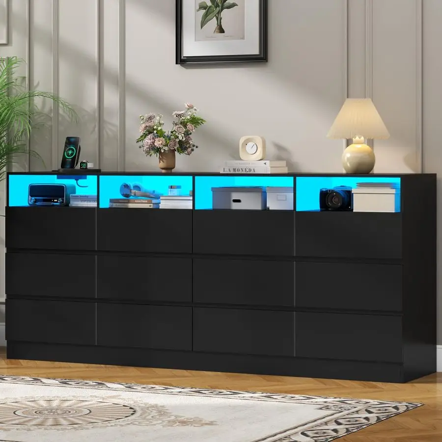 Commode noire à tiroirs divisés à 12 cellules, avec Station de charge, lumières Led pour chambre à coucher, longue commode 63 large, meuble TV pour téléviseurs vers le haut