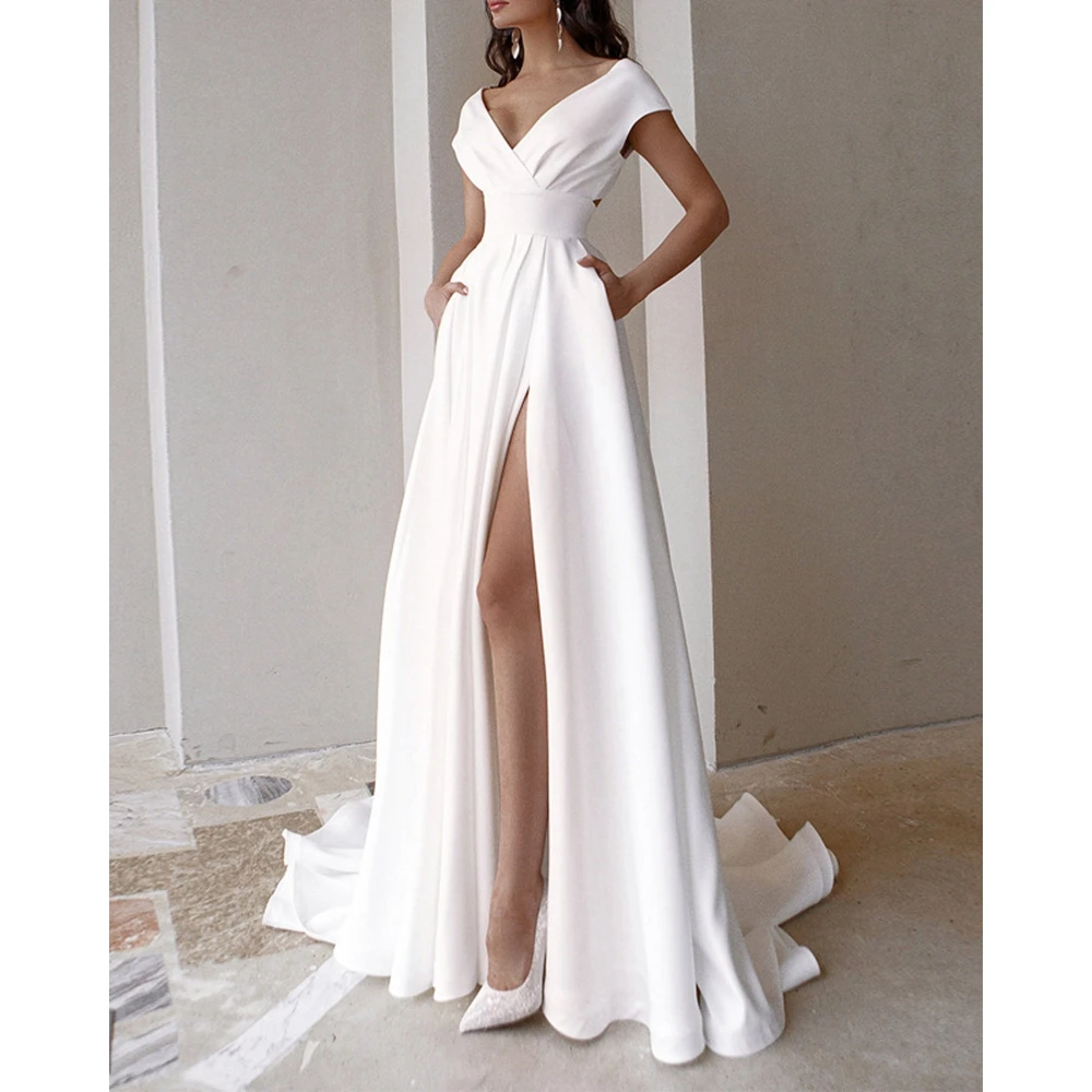 

Women V-Neck High Split Off Shoulder Maxi Dress Summer Party Female Ruched Cutout Night Dress Sexy Evening Long Elegant Dress