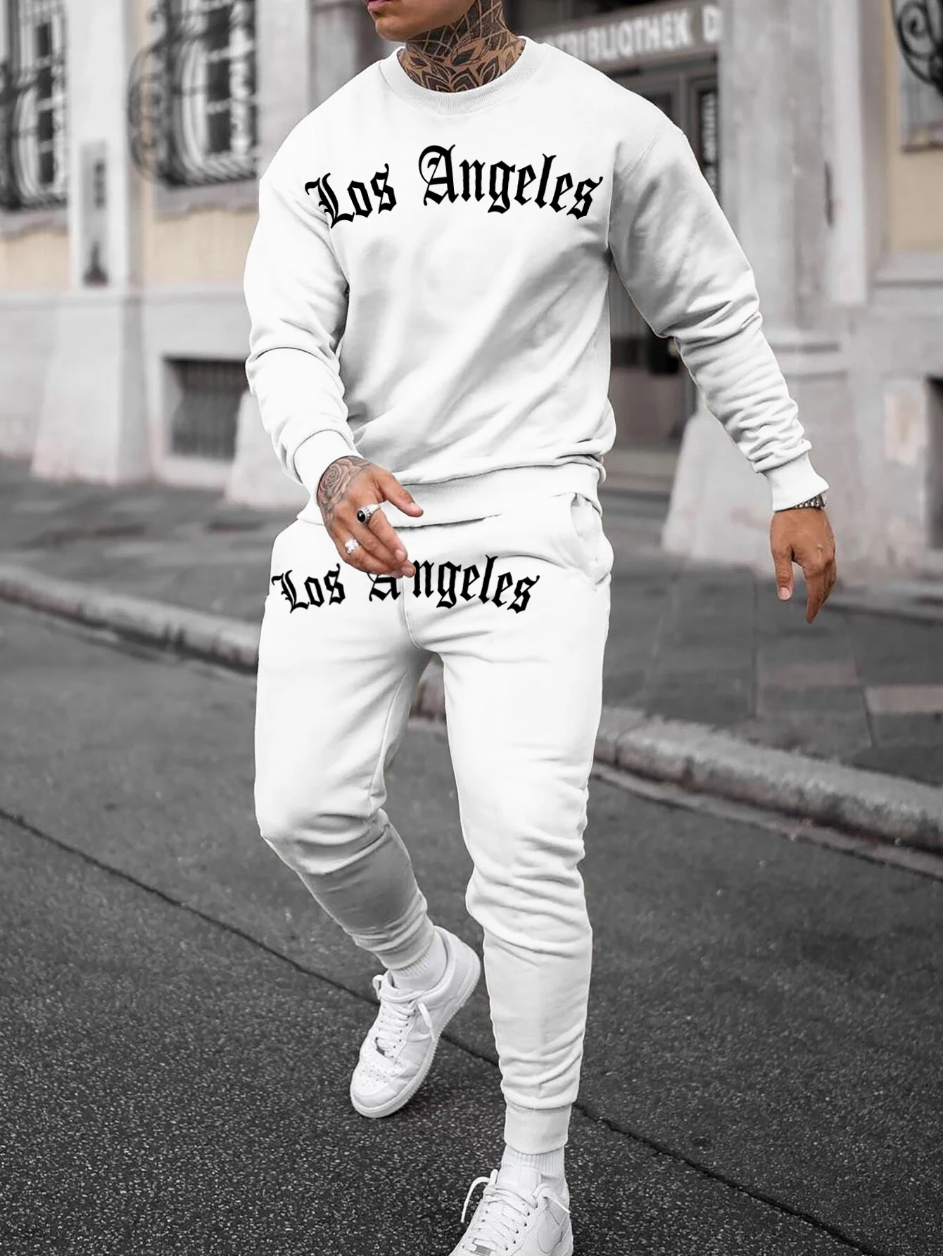 Autumn And Winter Trendy New Men\'s Loose Casual Fit Sweatshirt Sweatpants Printed Letter Hundred Long Sleeve Sweatshirt Set