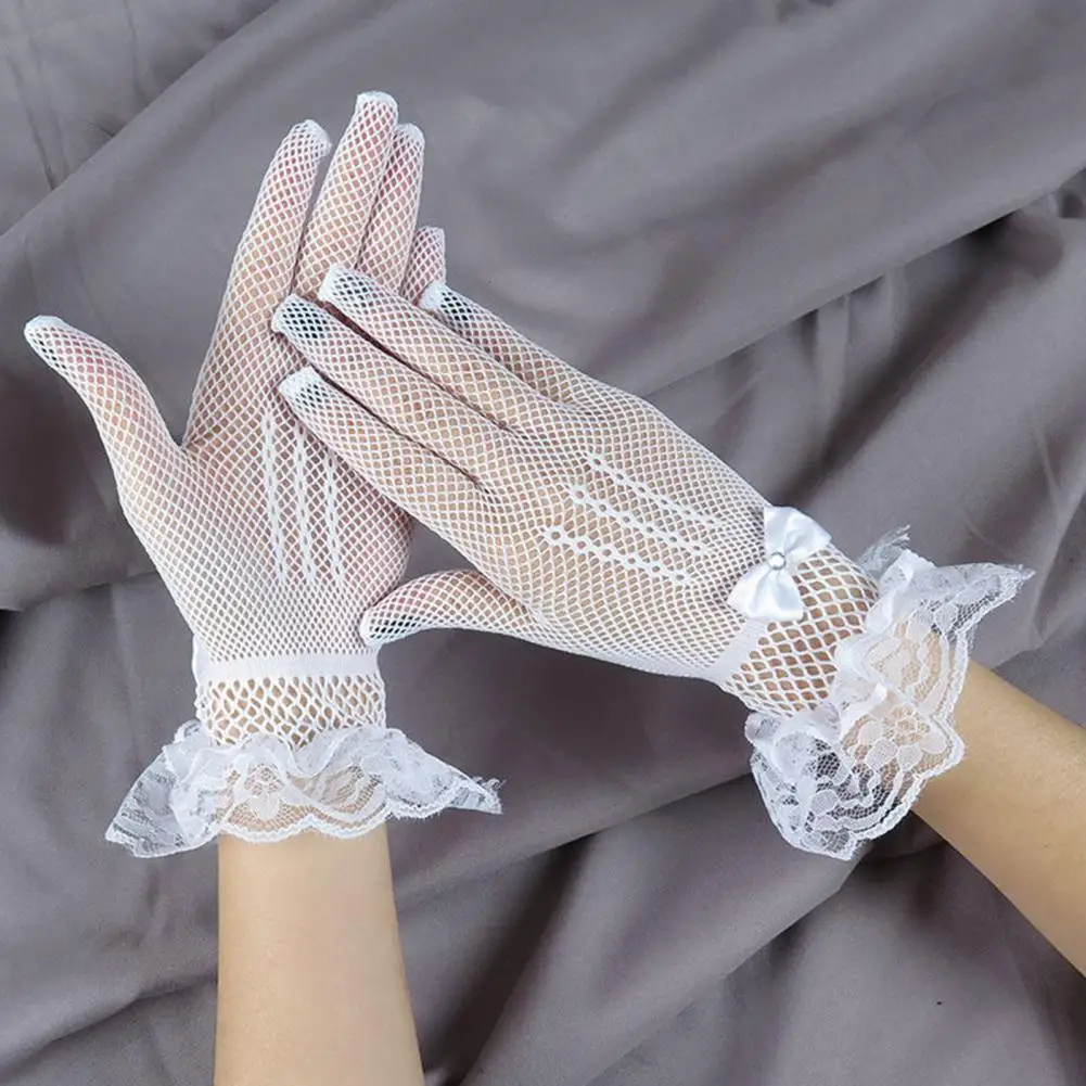 Women Lace Gloves Elegant Lace Bow Rhinestone Wedding Gloves for Women Fishnet Ruffle Edge Performances Bride Prom Glove