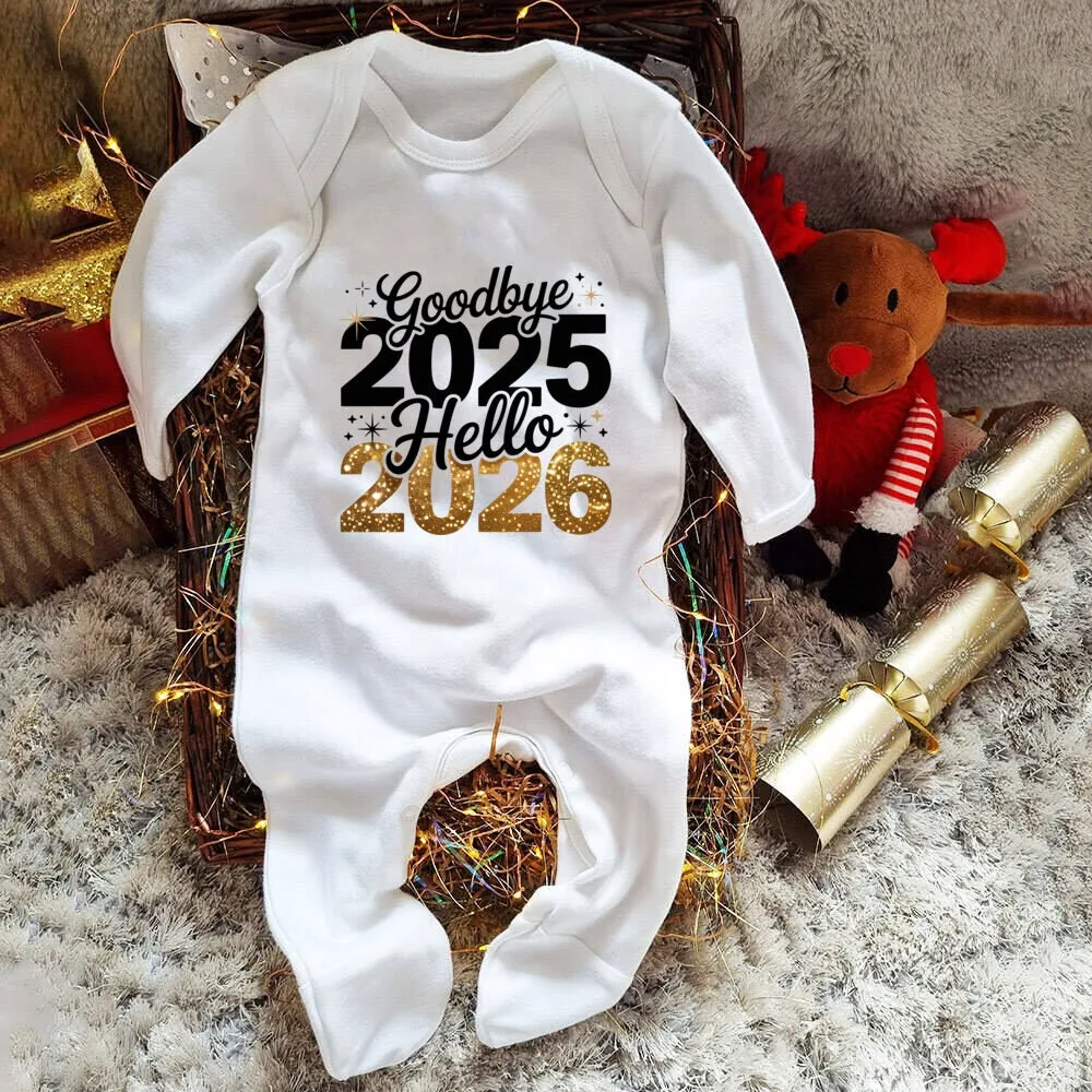 مرحبا 2026 سنة جديدة سعيدة Babygrow بلدي أول السنة الجديدة رومبير الشتاء الرضع ملابس النوم السنة الجديدة القادمة المنزل الزي