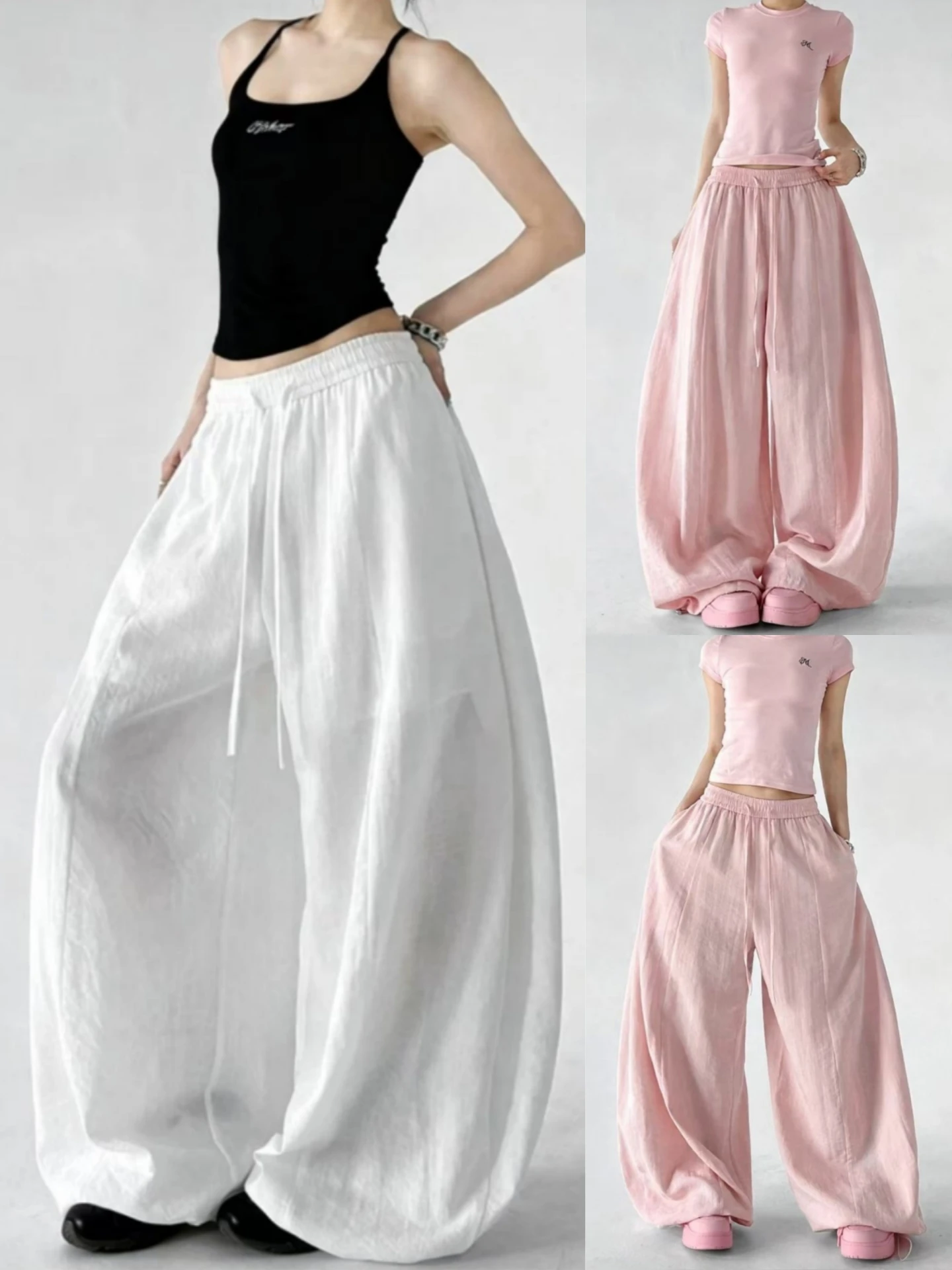 

Trendy Cotton Linen Wide Leg Pants Women Summer New Thin Loose Hanging Linen Ice Silk White Casual Sun Protection Pants