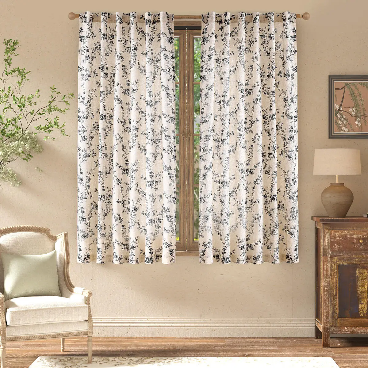 

JINCHAN 2PCS Linen Curtains For Living Room Bedroom Flower Printed Back Tab Window Drapes French Country Farmhouse Curtain