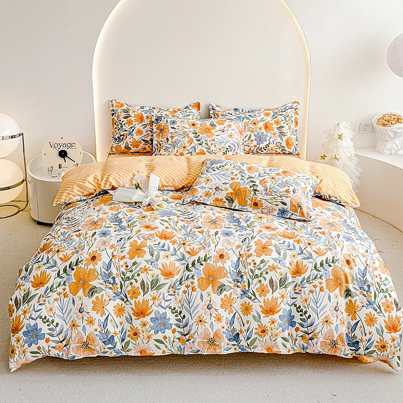 Orange Floral Duvet Cover Set Boho Bedding Flower Pattern Comforter Covers Reversible Plaid Bed Sheet Crisp Soft All Season 3Pcs