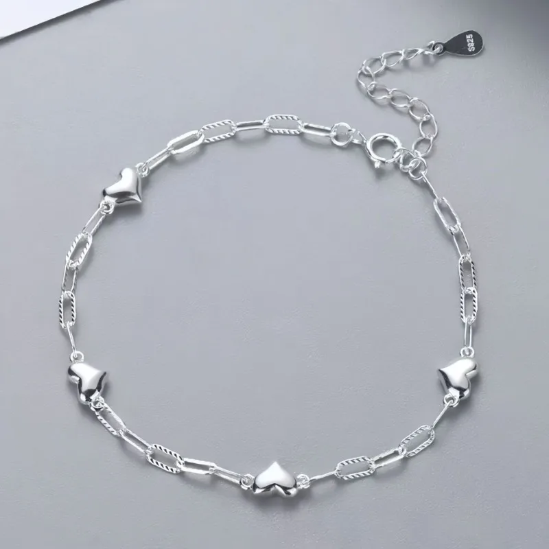 Dainty Silver Heart Link Bracelet Mixed Twisted Paperclip Chain Solid Heart Charm Bracelet With Extension Chain Women Love Jewelry Gift