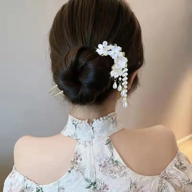 Luxury Female Diamond-encrusted Pearl Jasmine Flower Tassel Hairpin Metal Hair Clip Woman Hair Clip Hair Accessories Headdress