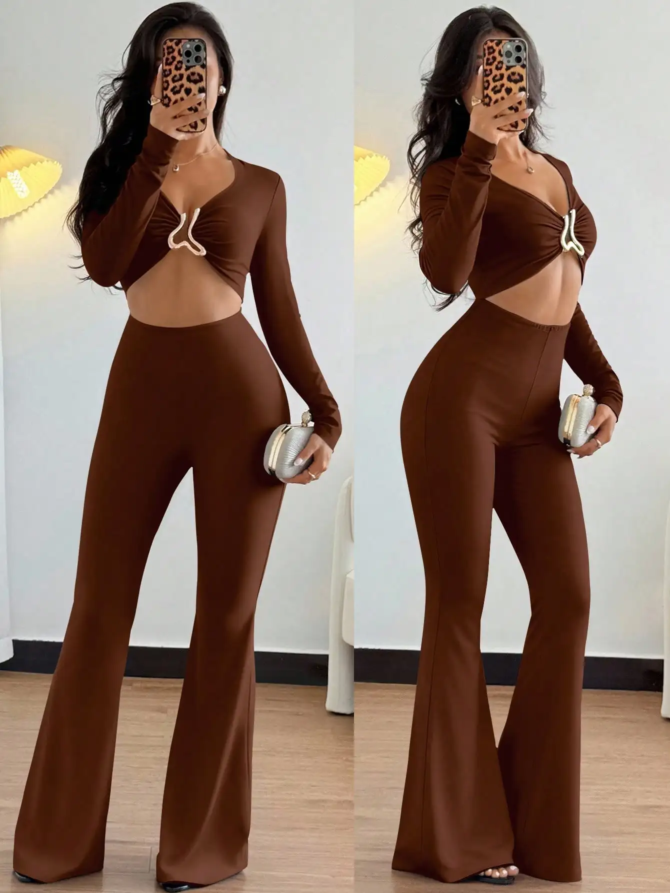 

Minimalist Brown Long Sleeve Jumpsuit Deep V Neck Metal Buckle Accent Cut Out Waist High Waist Flare Leg Sexy Clubwear