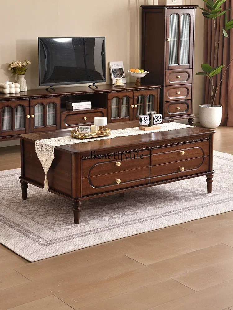 

23French solid wood coffee table with drawers antique retro light luxury storage tea tableL