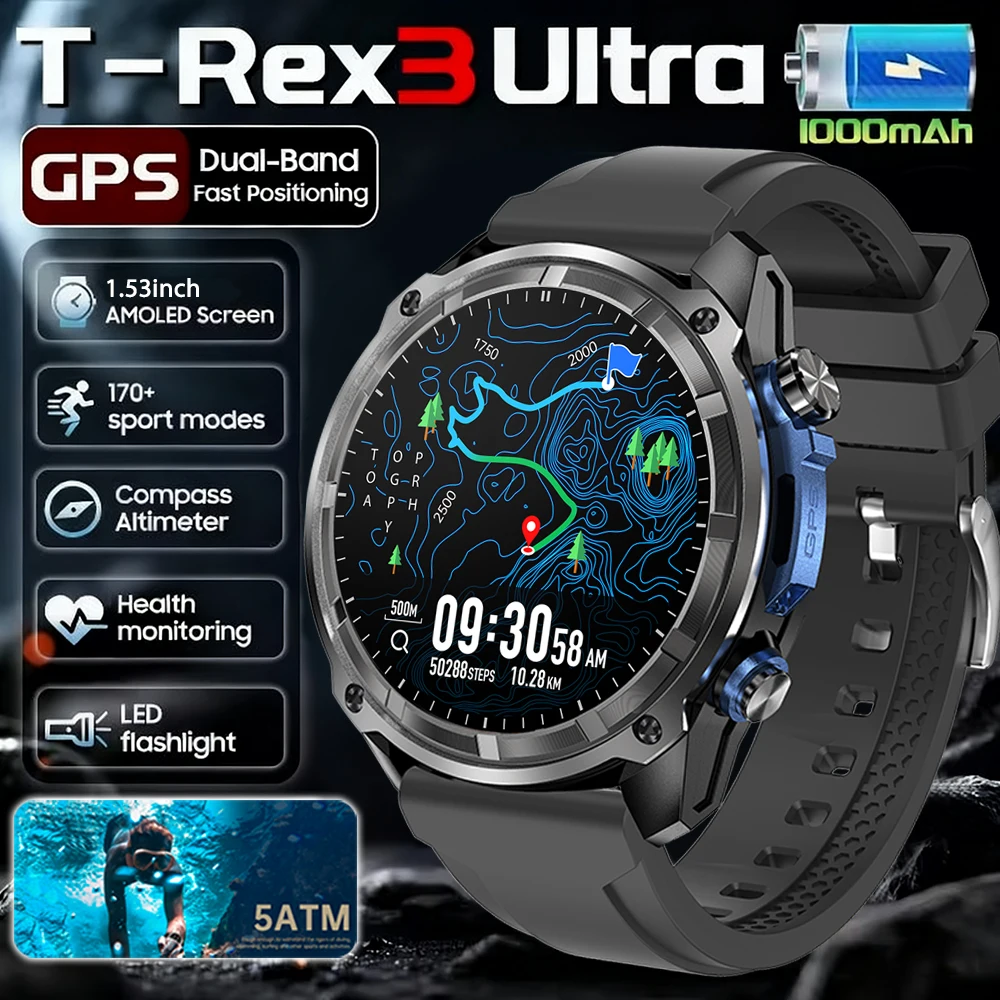 

New T-Rex Militray Man Smart Watch 2025 Built-in GPS Offline Map 4GB Memory Professional Waterproof Watches Men Smart Bracele