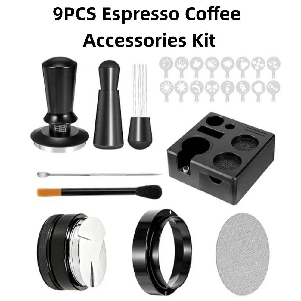 9‑Pcs Stainless Steel Espresso Coffee Tamper Set Barista Kit Distributor WDT Tool Station Latte Art Stencils Coffee Accessories