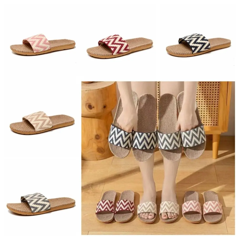 

Модные льняные тапочки в полоску в этническом стиле, мягкие нескользящие лоскутные тапочки на плоской подошве, впитывающая пот обувь, женские и мужские домашние тапочки