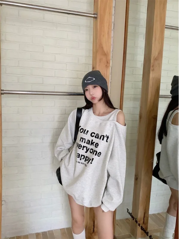 

plus Size Casual Long Sleeve Letter Print Sweatshirt Loose Fit Slimming Design Shoulder Bared Top for plus Size Women