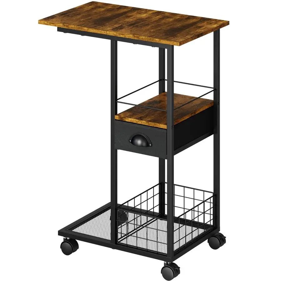 

Shaped Sofa Side Table with Wheels, Rolling Small Coffee Table with Drawer, Portable TV Tray Table for Couch, Bedside Table with