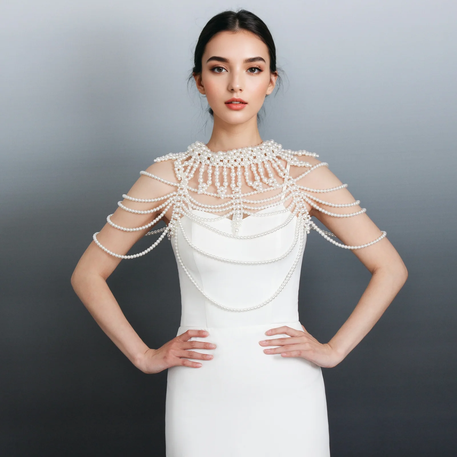 パールブライドショール手作りニットウェディングアクセサリープラスチックパールホワイトショートトップ結婚式に適したゴージャスなショールgp39