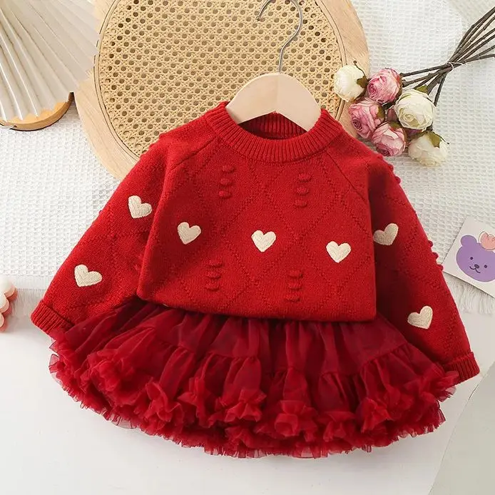 أطفال بنات لطيف سترة + تنورة لامعة مجموعة أزياء حساسة الأميرة الكورية طويلة الأكمام الانحناء الحياكة سترة معطف عالية الخصر A-l