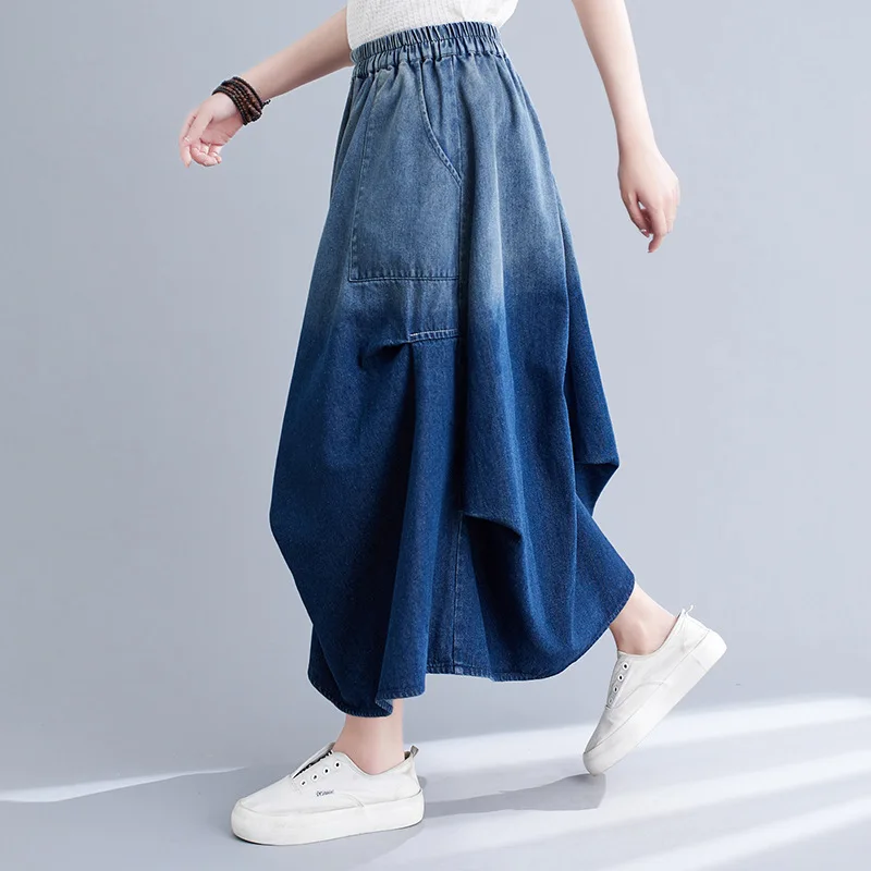 Skirt Women Denim Skirts A Line Elastic Waist Elegant Splice Pleated Vintage Washed Work Y2k Streetwear Daily Pocket Gradient