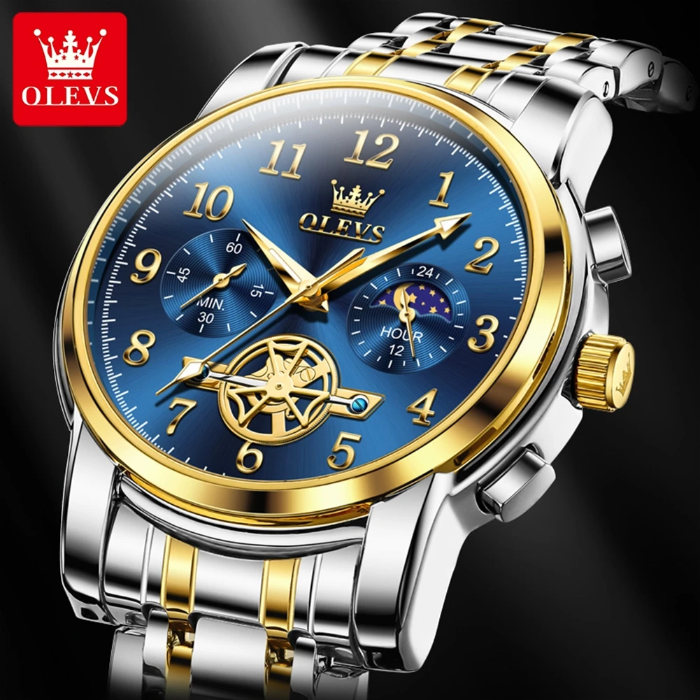 OLEVS-Reloj analógico de acero inoxidable para Hombre, accesorio de pulsera de cuarzo resistente al agua con calendario, complemento masculino de marca de lujo con diseño moderno, disponible en color azul