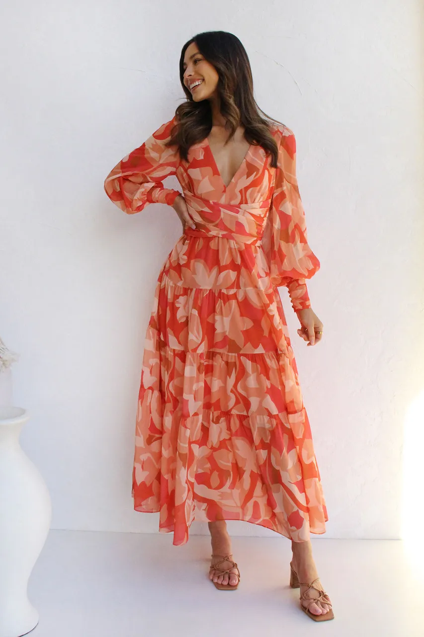 Bohemia Fashion Long Sleeves Deep V-neck Floral Print Chiffon Long Casual Maxi Dress For Women