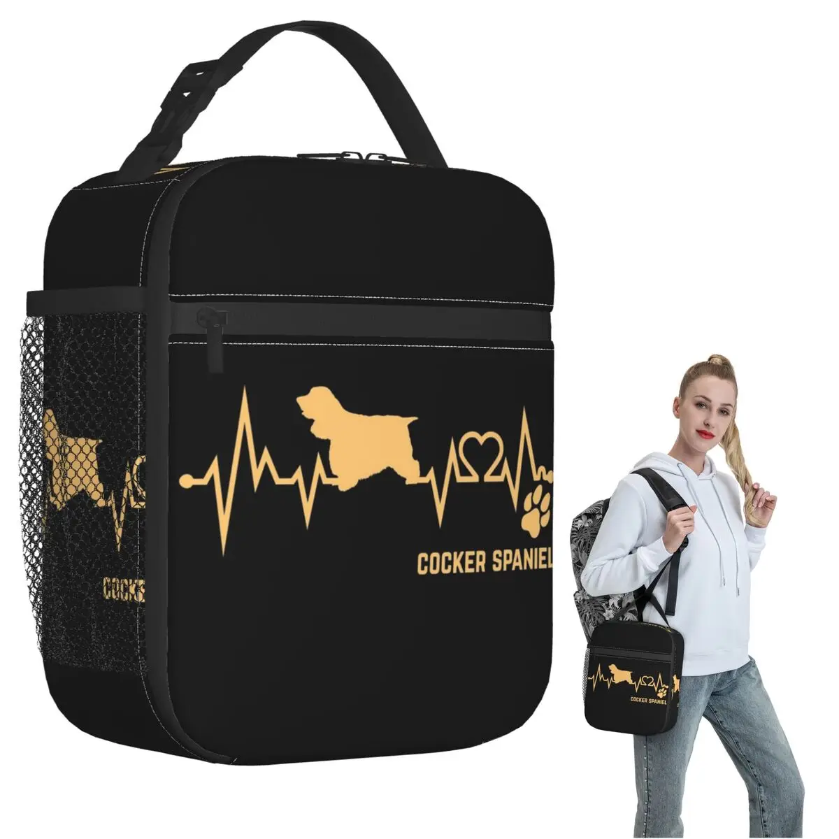 Cocker Spaniel Dog Lover Heartbeat ECG Pulse Pet Breed Paw Insulated Lunch Bag Portable Food Boxes Thermal Lunch Box Tote