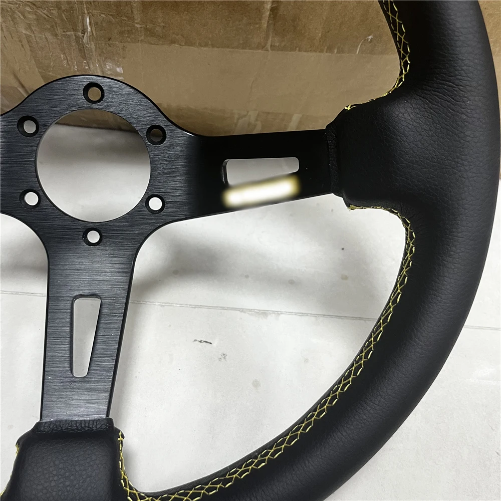 MOMO 350mm 14 inches Yellow stitching Genuine Leather Deep Cone 90mm Black Spoke Sport Steering Wheel