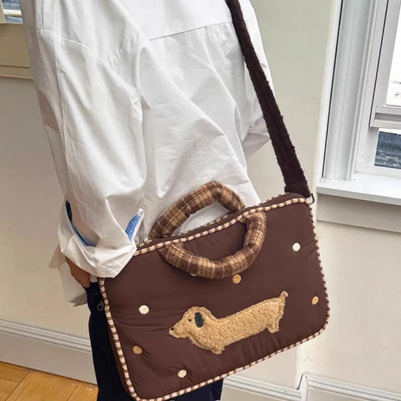 Ins Puppy Embroidery Brown Laptop Bag MacBook Air Pro 13 14 15 16 Inch Laptop Sleeve Large Capacity Shockproof Anti Fall Handbag