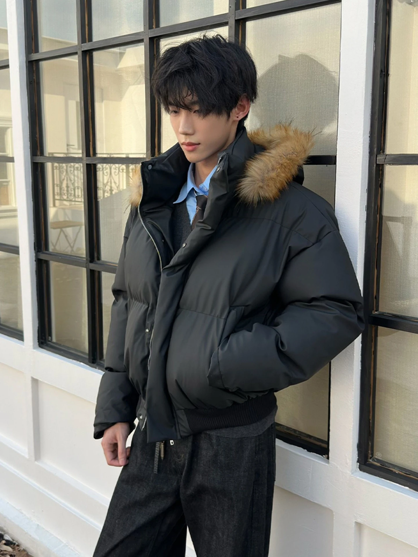 

Bla American Sle Hooded down Jaet Men's Winter Removable Large Fur Collar Thiened Warm PU Leather Cotton Coat Outerwear