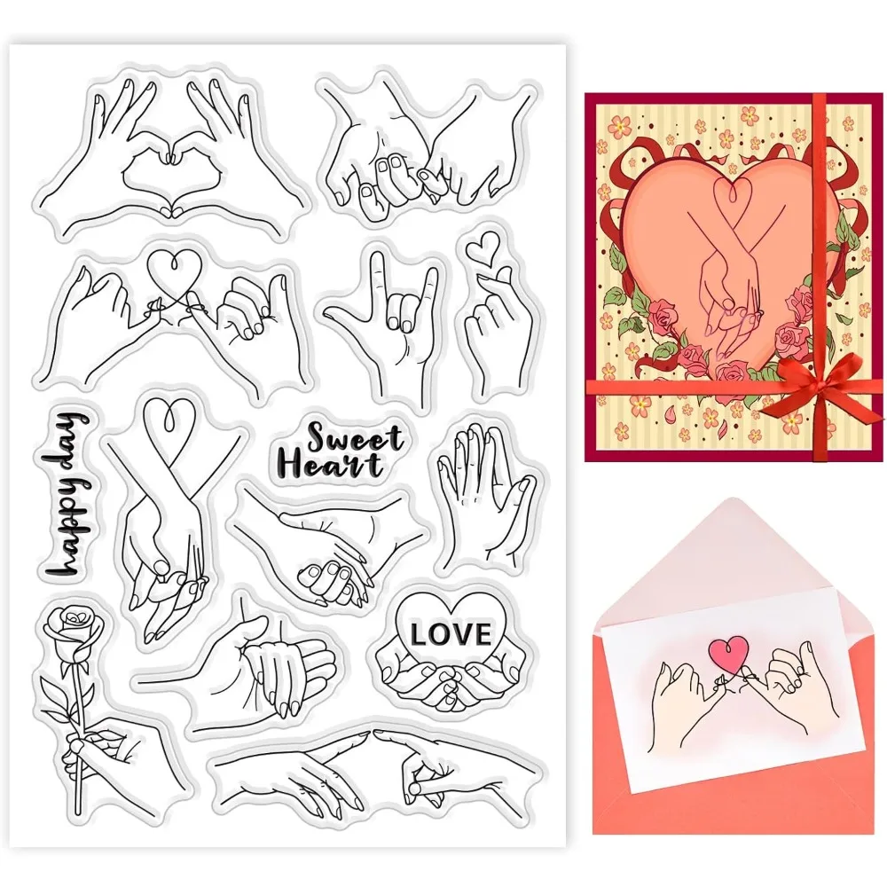 Valentine’s Hands Clear Stamps 12 Patterns Couples Hold Hands Show Love Sweet Heart PVC Silicone Stamps 6.3x4.3