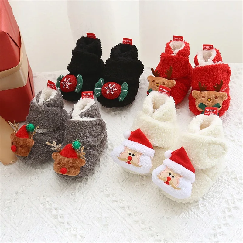 0-18M Baby Christmas Fleece Shoes Reindeer/Santa/Candy Soft Sole Walking Shoes Cute Warm Shoes for Winter Fall