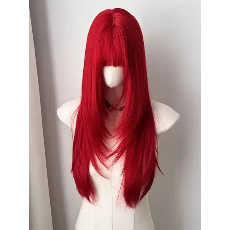Red High Layer Long Straight Wig for Women, Full Head Wig with Bangs, Cosplay Daily Punk Style Synthetic Hair Wig