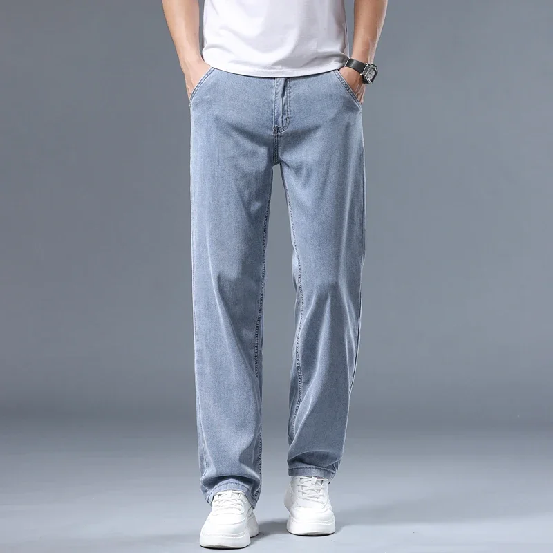 2026 Summer Ice Silk Thin Jeans New Fashion Casual Cotton Stretch Pants Denim Trousers Male Brand Loose Straight Wide Leg Pants