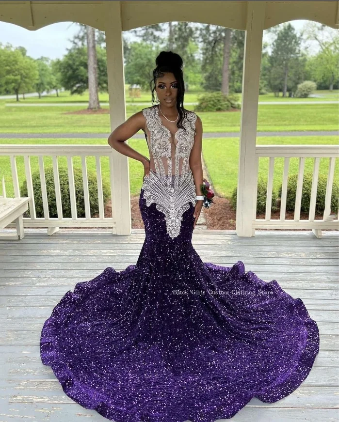 Funkelnde Traube Lila Langes Abendkleid Meerjungfrau Sheer Diamante Pailletten Afrikanische Damen Partykleider Hochzeitskleid Custom
