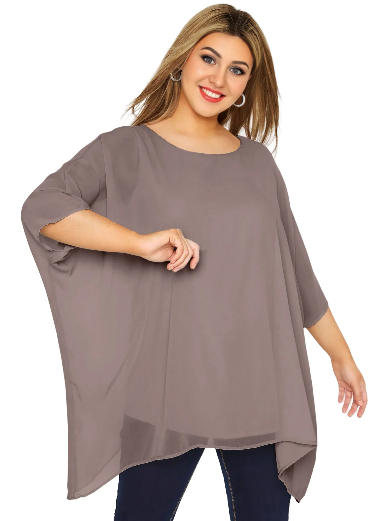 Womens Plus Size Elegant Summer Blouse Batwing Sleeve Oversized Chiffon Blouse Scoop Neck Large Size Casual Tunic Top Shirt 3XL