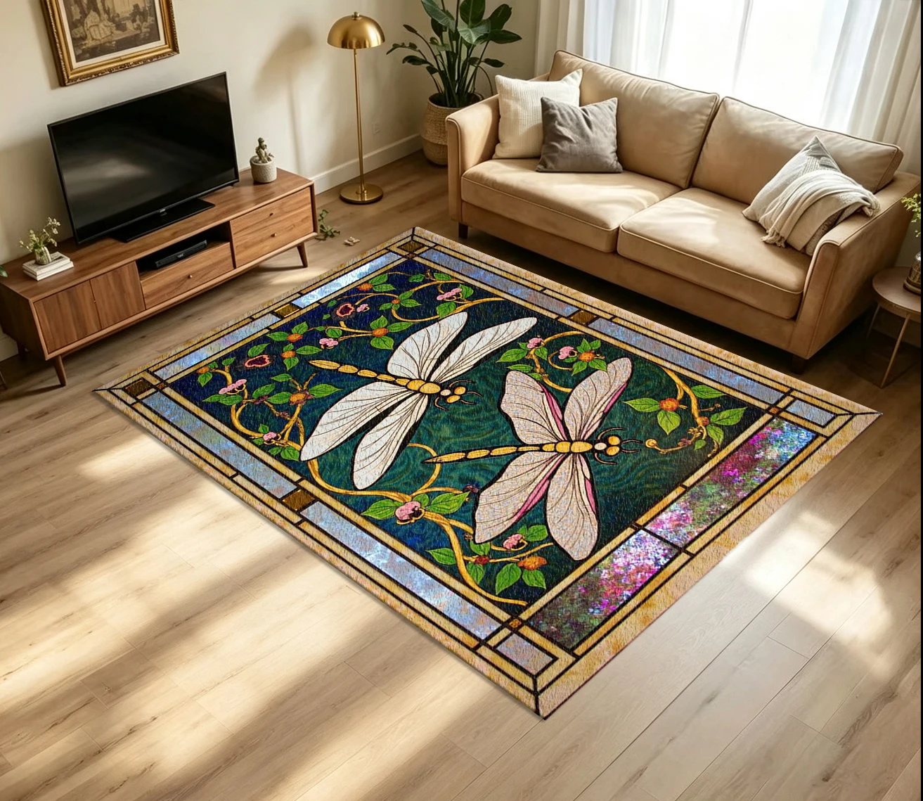 Stained Glass Dragonfly Floral Carpet Flooring Retro Art Nouveau Insect Vine Flower Mosaic Art Pattern Printed Floor Rug for Household Indoor Artistic Home Decor