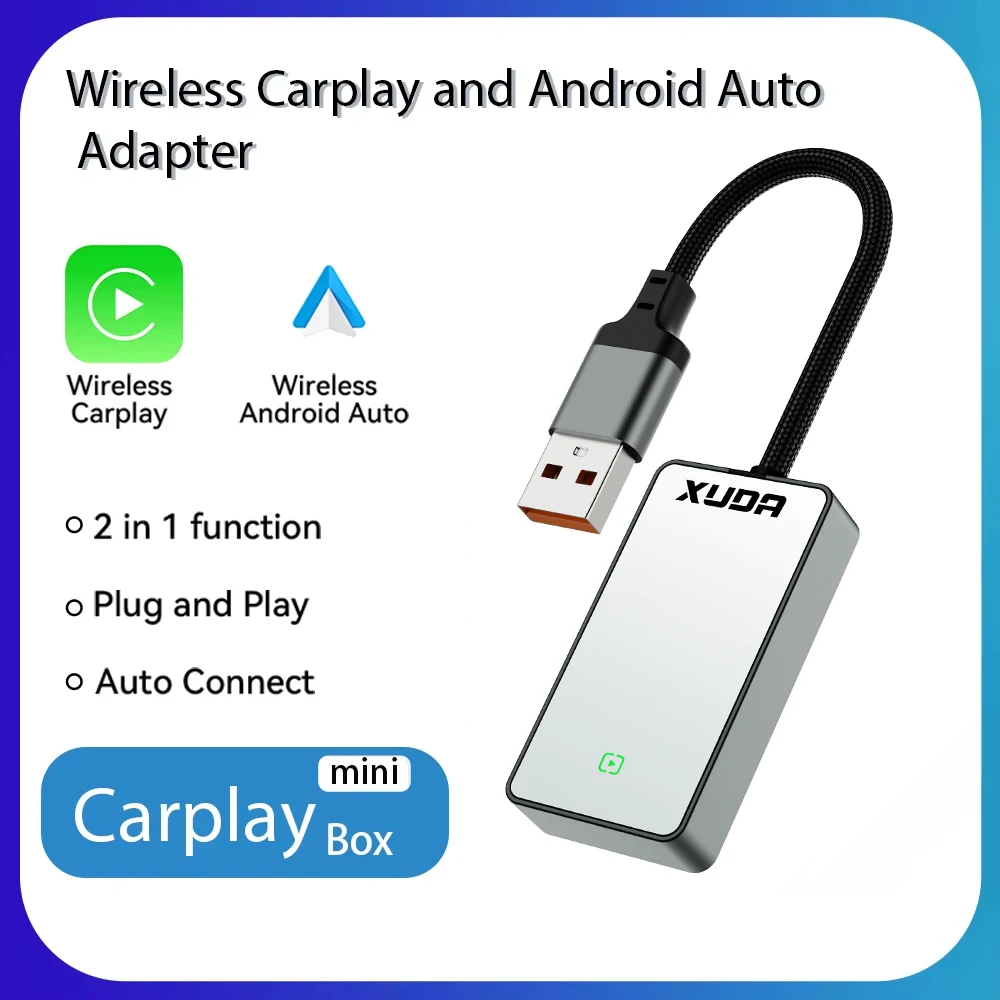 Wired to Wireless 2 In1 Carplay&Android Auto Adapter Glass Rearview Mirror Mini  AI Box, USB/C Type Plug & Play  For OEM Car