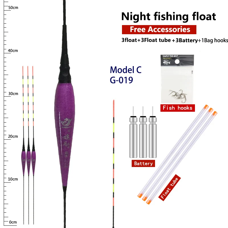 

3PCS Electric Fishing Floats+3 Float Tubes+3 CR425+1 Bag Hooks Night Nano Buoy Luminous Floats Vertical Buoy Fishing Tool Tackle