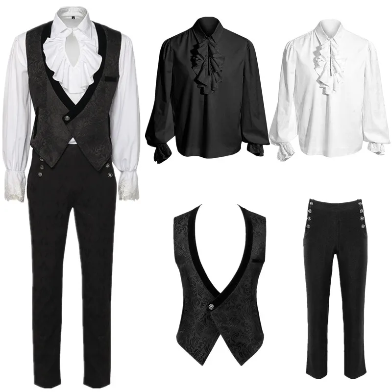 

Medieval Renaissance Gentleman Shirt Vest Set Stage Performance Costume British Style Halloween Court Knight Outfit Women's F...