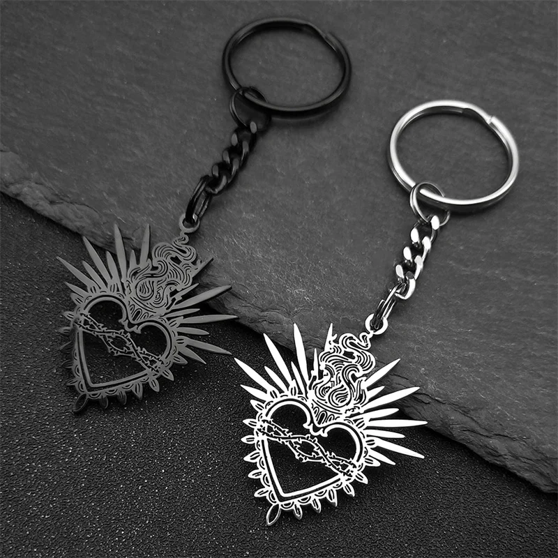 Flaming Sacred Heart Charms Dornen Heiliges Herz Schlüsselanhänger für Frauen Männer Edelstahl Schwarz Glaube Hohl Schlüsselanhänger Schmuck – Detail 8