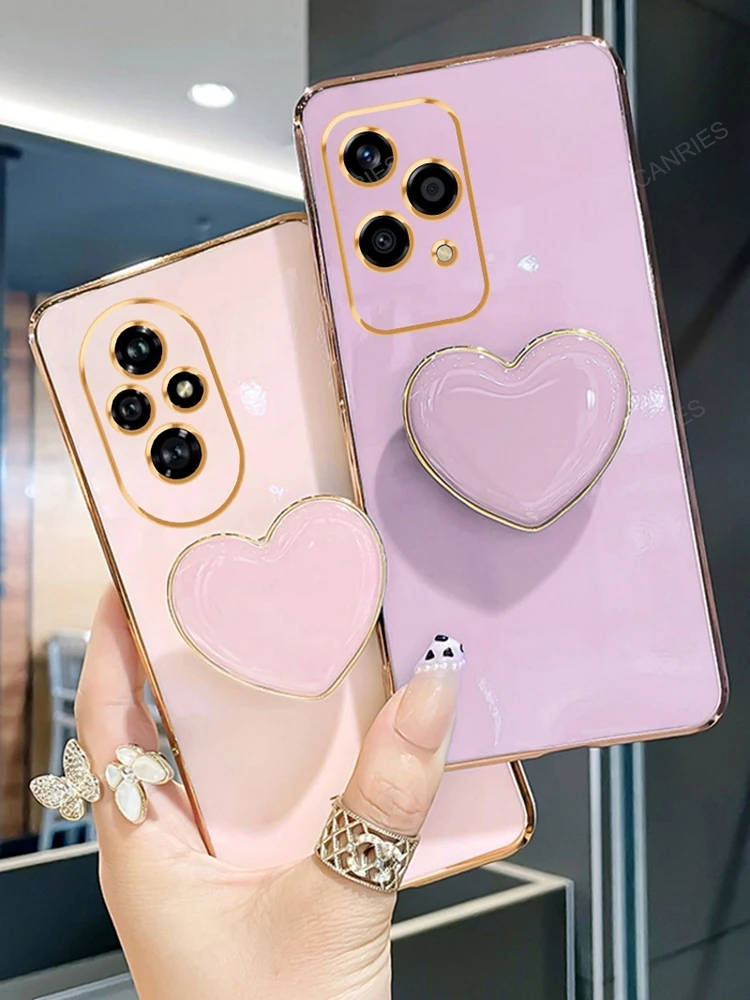 Honor200 200lite Phone Holder Luxury Plating Case For Huawei Honor 200 Lite 5g 100 Pro 2024 Love Heart Stand Soft Silicone Cover