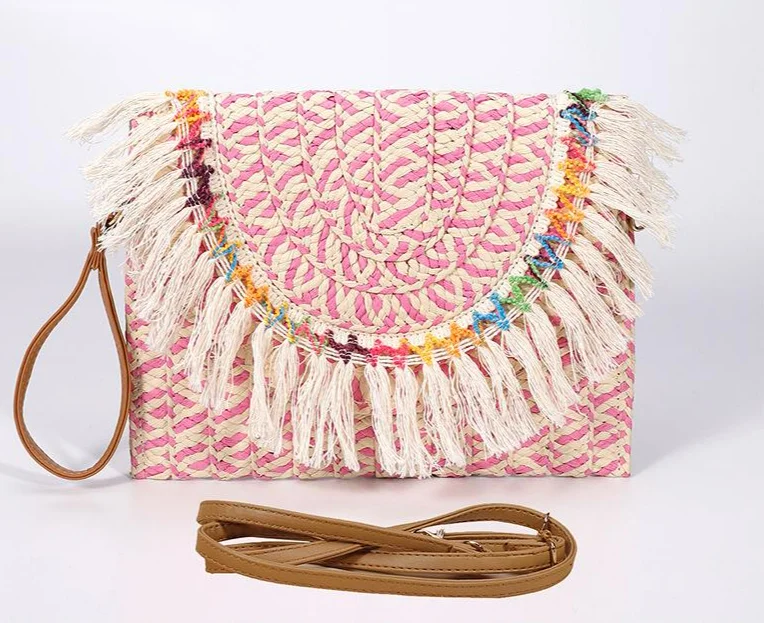 Tassel paper straw bag 2023 summer woven bag women's new niche handbag beach envelope bag