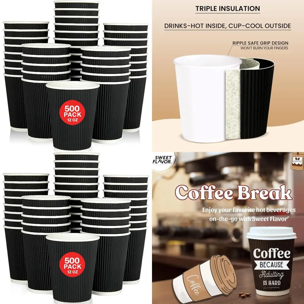 

Упаковка бумажных стаканчиков Black Ripple Wall на 12 унций — экологически чистые чашки для вторичной переработки горячих и холодных напитков, идеально подходят для вечеринок и пикников