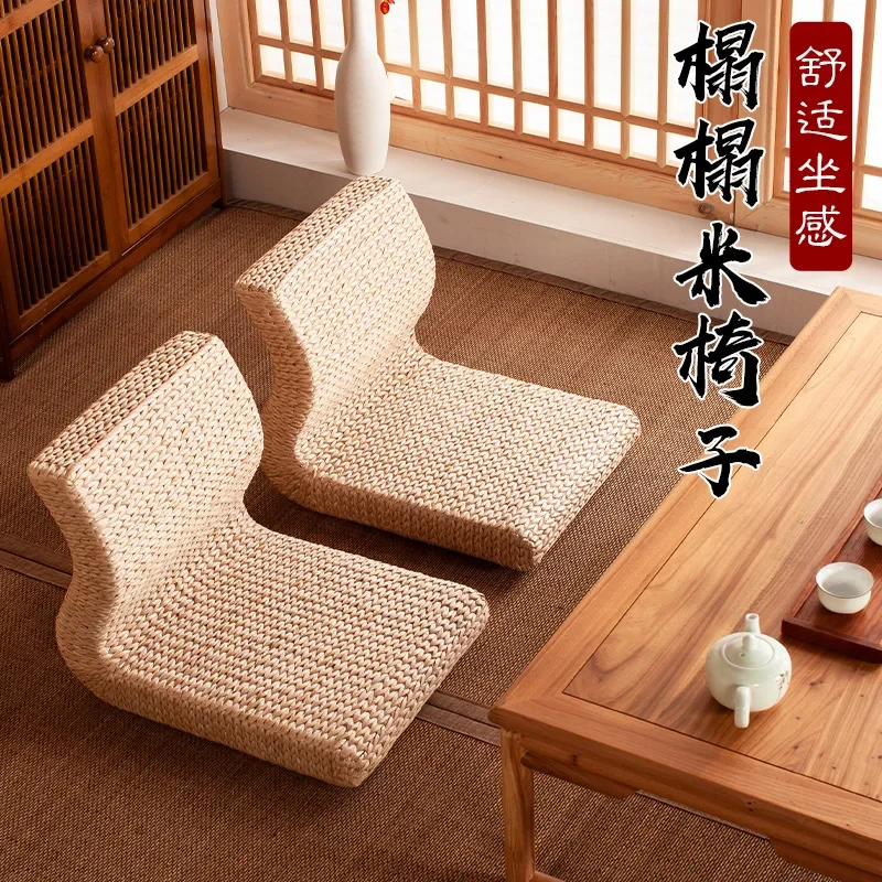 Handmade Straw&Rattan Japanese Floor Legless Chair Tatami Zaisu Backrest  for Balcony Bay Window Office Living Room Bedroom