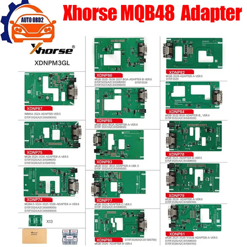 

Xhorse MQB48 No Disassembly No Soldering 13 Full Set Adapters XDNPM3GL for VVDI PROG and Key Tool Plus Pad