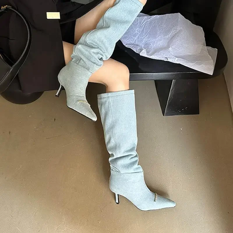 Women Denim Long Boots Fashion Metal Decoration High Heels Pointed Toe Ladies Shoes Brand Design Zipper Style Leisure Booties