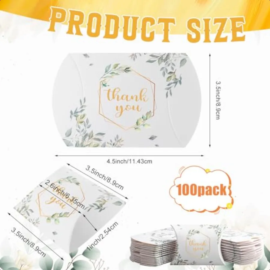 100 PCS 4.5Inch x 3.5Inch Kraft Paper Pillow Gift Boxes Candy Treat Gift Box Wedding Party Favor Boxes Sweet Bags Thank You Box