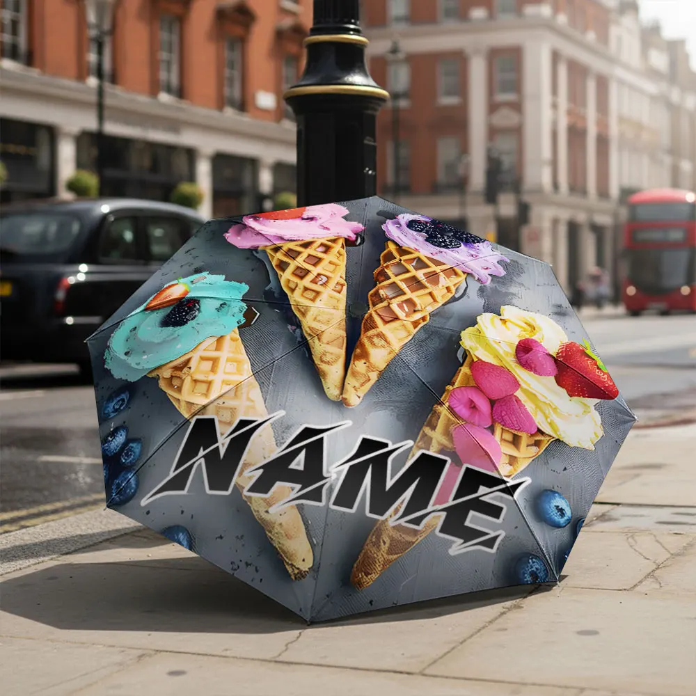 Custom Name umbrella, Colorful Ice Cream Cones Design Umbrella Fashion Folding Umbrella for Daily Use, Christmas Gift
