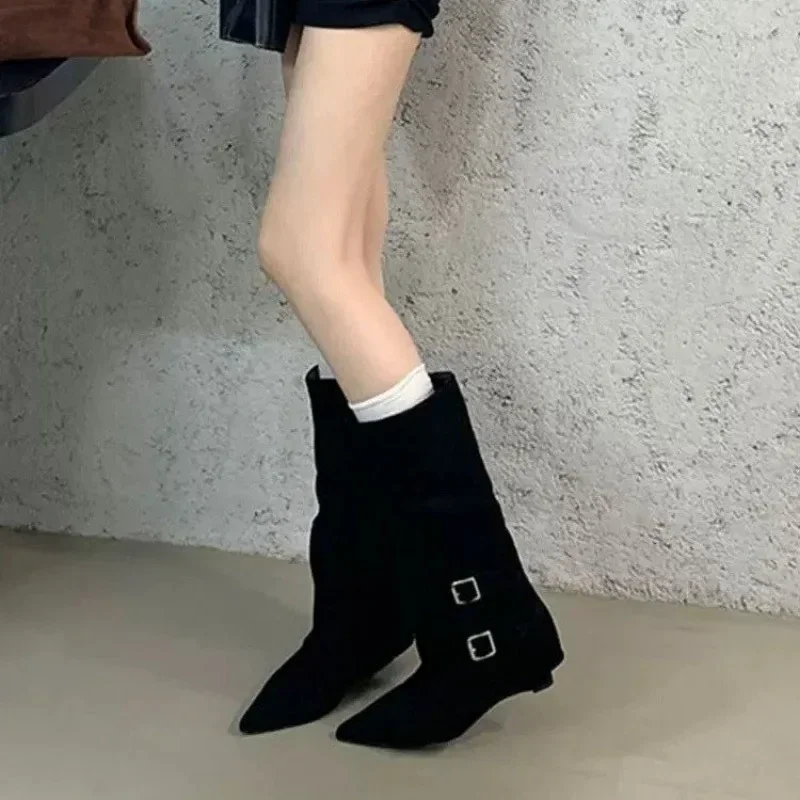 Women's Mid-calf Wedge Boots Shoes Spring and Autumn Women's Knee-Length Western Cowboy Boots Women's Footwear 5cm