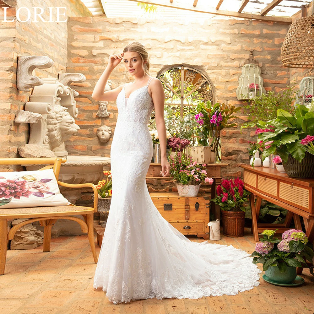 

LORIE BOHO Tulle Wedding Dresses Spaghetti Straps Lace Appliques Mermaid Bride Prom Gown 2024 Exquisite Bridal Gowns Customized