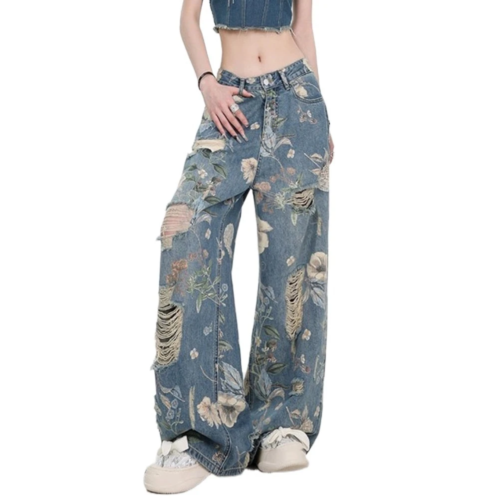 Harajuku Floral Jeans Women Y2K Ripped Baggy Straight Denim Trousers Streetwear Loose Broken Hollow Pants Spring Autumn